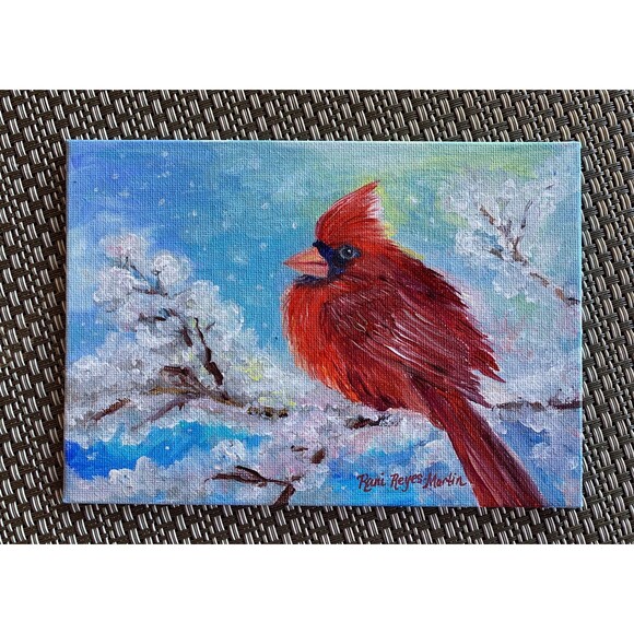 Original Acrylic Painting Red Cardinal on a Snowy Perch 5" x 7" Canvas Board Art - Picture 2 of 2